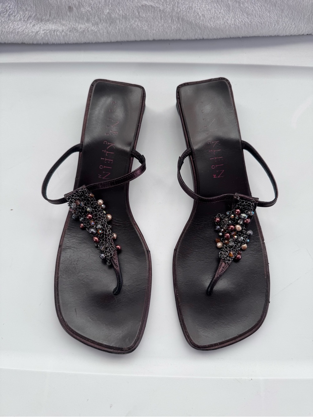 Anne Klein Dark Brown Beaded Thong Sandals